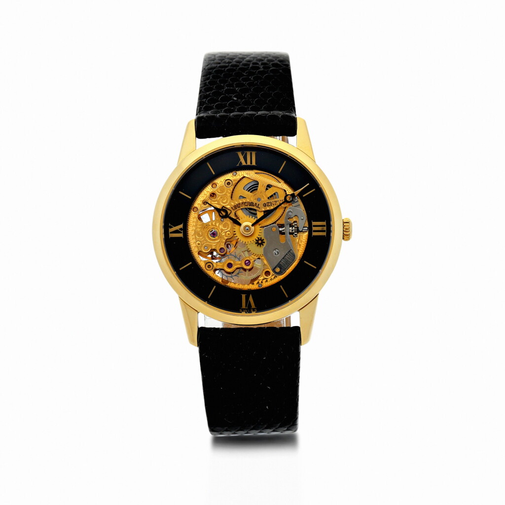 View full screen - View 1 of Lot 309. UNIVERSAL GENÈVE | THE INTERNATIONAL MUSEUM OF HOROLOGY SKELETON WATCH A YELLOW GOLD SEMI-SKELETONIZED WRISTWATCH, CIRCA 1986.