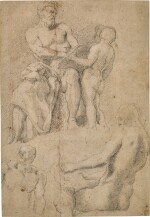 Recto: Study for a Sculpture, with subsidiary studies of the same sculpture, from a different angle Verso: Study of a male nude, half length, leaning forward