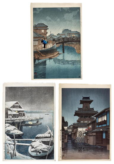 View full screen - View 1 of Lot 118. Kawase Hasui (1883-1957) | Three woodblock prints depicting night scenes | Showa period, 20th century .