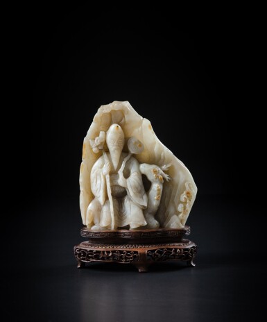 View full screen - View 1 of Lot 220. A white and russet jade 'Shoulao and deer' carving, probably Ming dynasty | 或明 白玉雕壽老瑞鹿擺件.