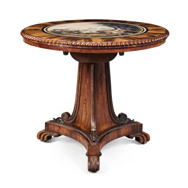 View full screen - View 1 of Lot 526. A Regency Laburnum, Burr Elm and Rosewood Tilt Top Center Table with an Inset Scagliola Top, Circa 1810.