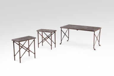 View full screen - View 1 of Lot 140. A bronze and marble coffee table with two side tables, early 20th century | Table basse et deux tables d'appoint en bronze et marbre, début XXème siècle.