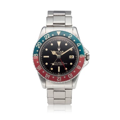 View full screen - View 1 of Lot 115. Reference 1675 GMT-Master 'Pepsi', A stainless steel automatic dual time wristwatch with date, bracelet and gilt dial, Circa 1960 勞力士 1675 型號 GMT-Master 'Pepsi' 精鋼自動上鏈兩地時間鍊帶腕錶備日期顯示,配鍍金錶盤,約1960年製.