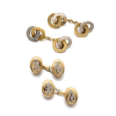 View full screen - View 1 of Lot 1185. Pair of diamond and gold cufflinks, circa 1943 and a pair of gold cufflinks.