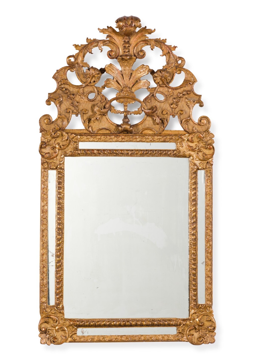 View full screen - View 1 of Lot 33. A REGENCE CARVED GILTWOOD AND GESSO MIRROR, CIRCA 1725.