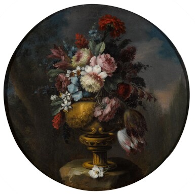 View full screen - View 1 of Lot 184. NEAPOLITAN SCHOOL, 18TH CENTURY | Still life of flowers in a bronze urn upon a stone ledge.