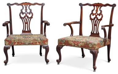 View full screen - View 1 of Lot 47. A PAIR OF GEORGE II CARVED MAHOGANY OPEN ARMCHAIRS, CIRCA 1755.