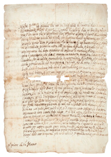 View full screen - View 1 of Lot 84. Pope Leo XI | Autograph letter signed, warning of the perils of taking charge of a community of nuns, 1603.