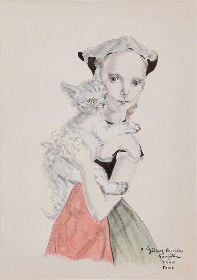 View full screen - View 1 of Lot 712. Léonard Tsuguharu Foujita 藤田嗣治 | Petite fille au chat 抱著小貓的女孩.