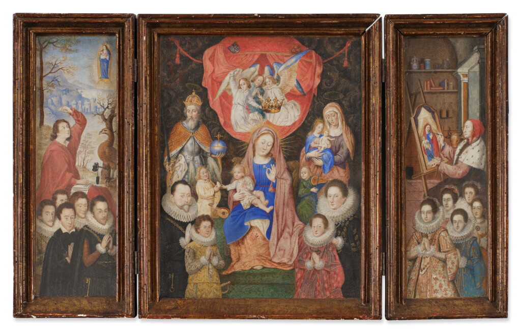 View full screen - View 1 of Lot 236. The Croy Triptych: Coronation of the Virgin (center); Saint John of Patmos (left); Saint Luke Painting the Virgin (right).