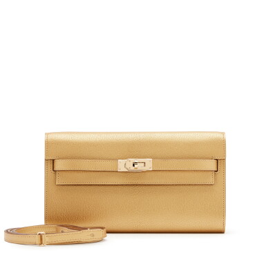 View full screen - View 1 of Lot 18. Doré Chèvre Chamkilight Metallic Kelly-to-Go Wallet Permabrass Hardware, 2026.
