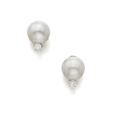 View full screen - View 1 of Lot 540. Pair of Cultured Pearl and Diamond Earclips.