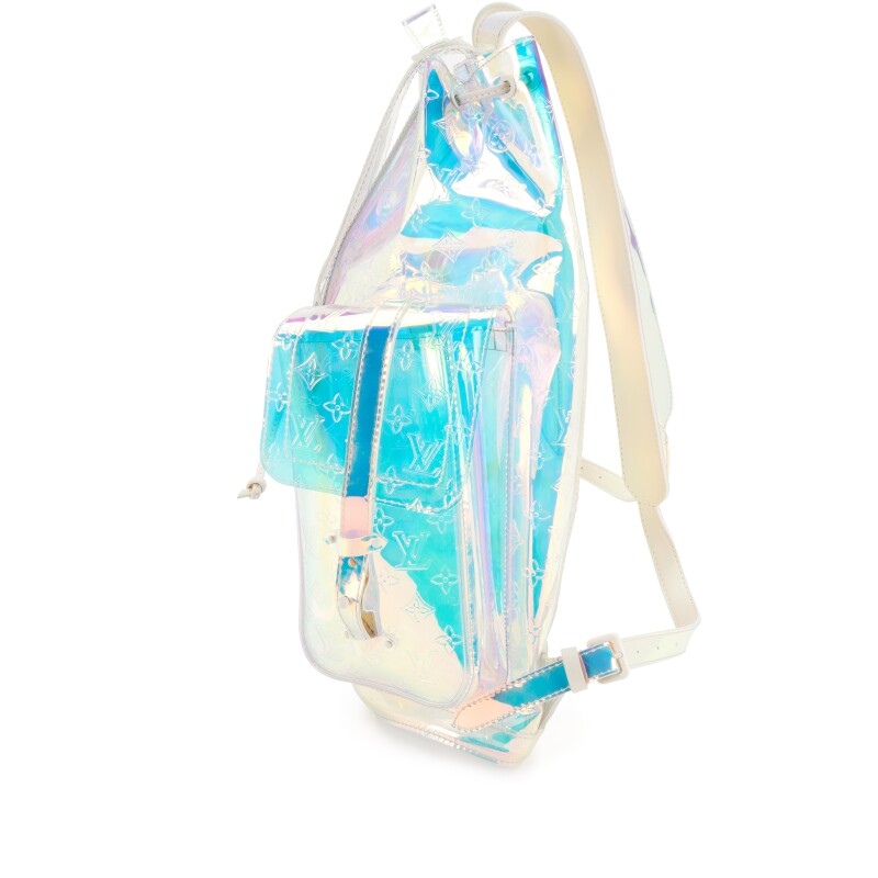 louis vuitton clear christopher backpack in Prism PVC Weekly Lux Drop The christopher mm backpack reinvents the rugged spirit of a hiking pack in masculine monogram eclipse canvas and monogram eclipse reverse canvas with black leather trim Louis Vuitton Iridescent Monogram Prism
