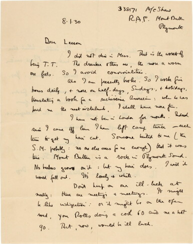 View full screen - View 1 of Lot 76. T. E. Lawrence | Autograph letter signed, to Leeson, anticipating his death in a motorcycle accident, 8 January 1930.