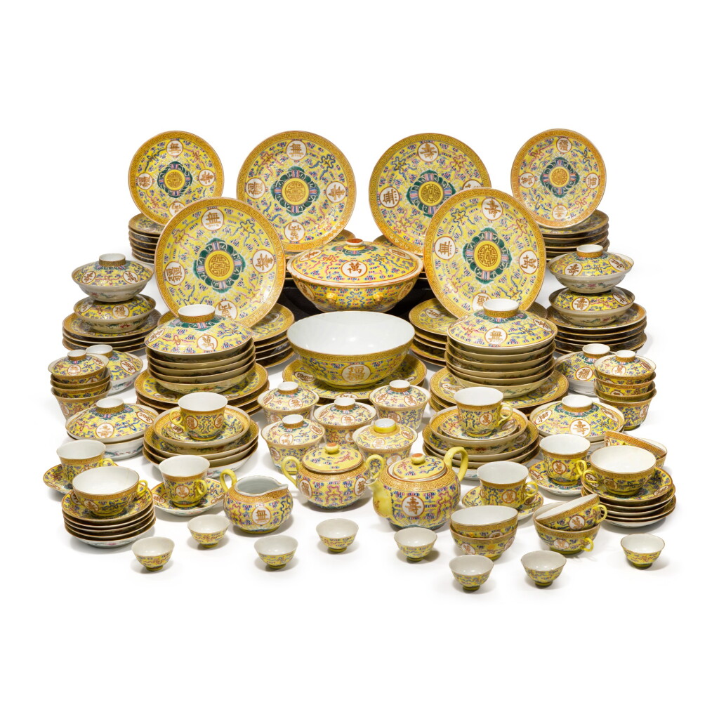 View full screen - View 1 of Lot 13. A yellow-ground famille-rose service, Late 19th / early 20th century.