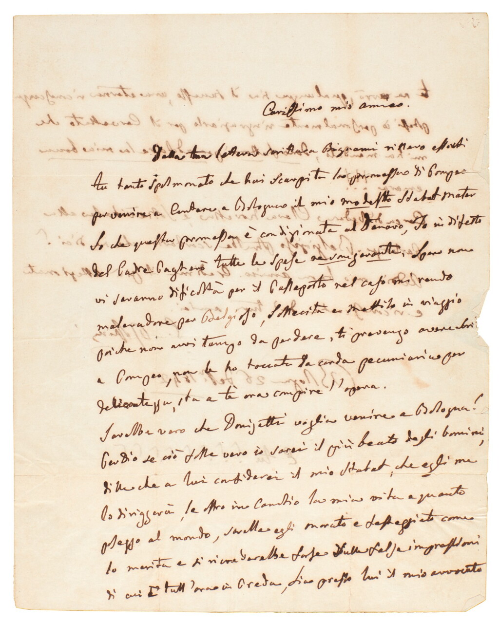 View full screen - View 1 of Lot 85. G. Rossini, autograph letter about Donizetti conducting his "Stabat Mater", 1842.