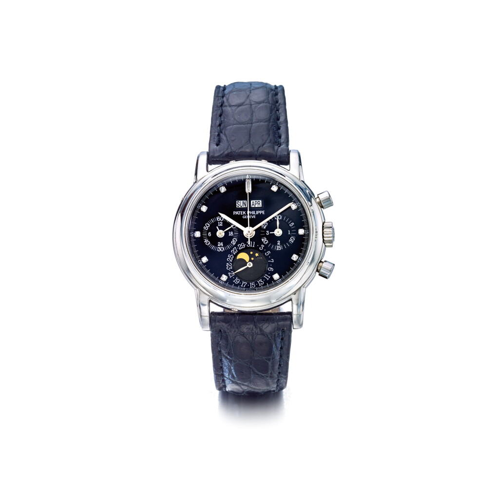 View full screen - View 1 of Lot 1033. PATEK PHILIPPE | REF 3970EP-019, A PLATINUM AND DIAMOND SET PERPETUAL CALENDAR CHRONOGRAPH WRISTWATCH WITH MOON PHASES AND LEAP YEAR INDICATION, MADE IN 1996 | 百達翡麗 |3970EP-019型號鉑金鑲鑽石萬年曆計時腕錶備月相及閏年顯示,1996年製.