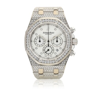 View full screen - View 1 of Lot 3. AUDEMARS PIGUET | REF 25967 ROYAL OAK, A WHITE GOLD AND DIAMOND-SET AUTOMATIC CHRONOGRAPH WRISTWATCH WITH DATE AND BRACELET CIRCA 2010.