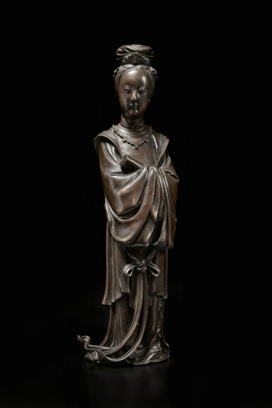 View full screen - View 1 of Lot 118. A large and rare inscribed bronze figure of Guanyin, Ming dynasty.