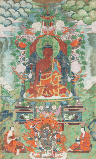 View full screen - View 1 of Lot 199. A thangka depicting Shakyamuni Buddha Qing Dynasty, 19th century | 清 十九世紀 釋迦牟尼佛唐卡.