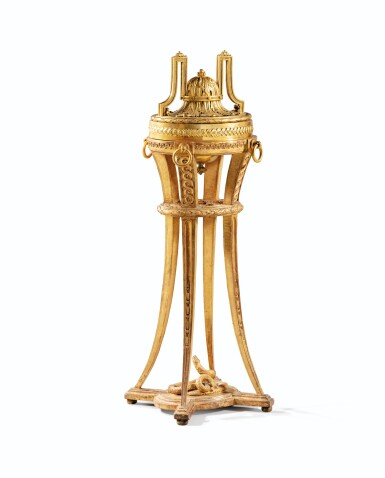View full screen - View 1 of Lot 93. A LOUIS-XVI GILT-WOOD AND GILT-BRONZE CENSER ATHÉNIENNE, BRONZE STAMPED "GODILLE.F" | BRÛLE-PARFUM FORMANT UNE ATHÉNIENNE EN BOIS ET BRONZE DORÉ D'ÉPOQUE LOUIS XVI, LE BRONZE SIGNÉ "GODILLE.F",.