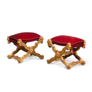 View full screen - View 1 of Lot 109. A pair of Italian carved giltwood stools, 19th century.