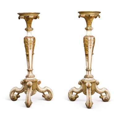 View full screen - View 1 of Lot 79. A pair of George I white-painted and parcel-gilt torchères, circa 1720.