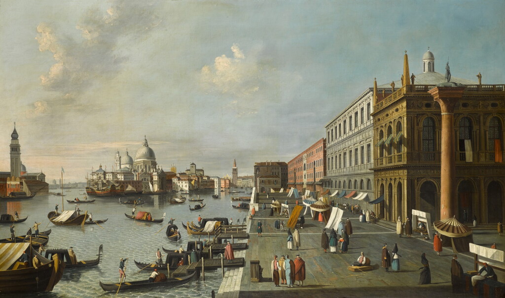View full screen - View 1 of Lot 167. ENGLISH FOLLOWER OF CANALETTO | VENICE, A VIEW OF THE MOLO, LOOKING WEST, WITH THE COLUMN OF SAINT THEODORE, RIGHT, AND THE CHURCH OF SANTA MARIA DELLA SALUTE AND THE ENTRANCE OF THE GRAND CANAL BEYOND.