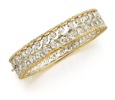View full screen - View 1 of Lot 327. TWO-COLOR GOLD AND DIAMOND BANGLE-BRACELET, BUCCELLATI .