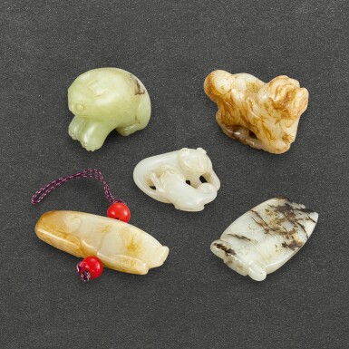 View full screen - View 1 of Lot 598. A GROUP OF FIVE JADE ANIMAL CARVINGS QING DYNASTY | 清 玉雕動物一組五件.