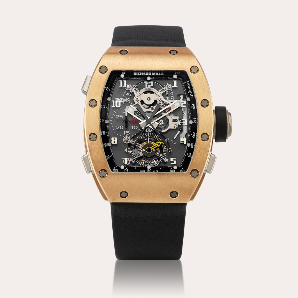 View full screen - View 1 of Lot 2238. Reference RM008 AG PG A pink gold skeletonised tourbillon split-seconds chronograph wristwatch with power reserve and torque indication, Circa 2010 | 型號RM008 AG PG | 粉紅金鏤空陀飛輪追針計時腕錶,備動力儲備及力矩顯示,約2010年製.