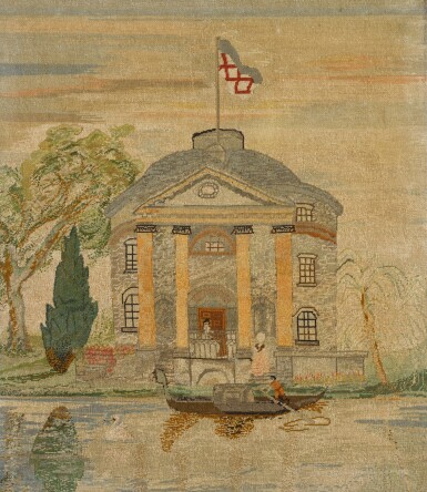 View full screen - View 1 of Lot 80. A Victorian needlework panel depicting Belle Isle, Lake Windermere, England, late 19th century/early 20th century.