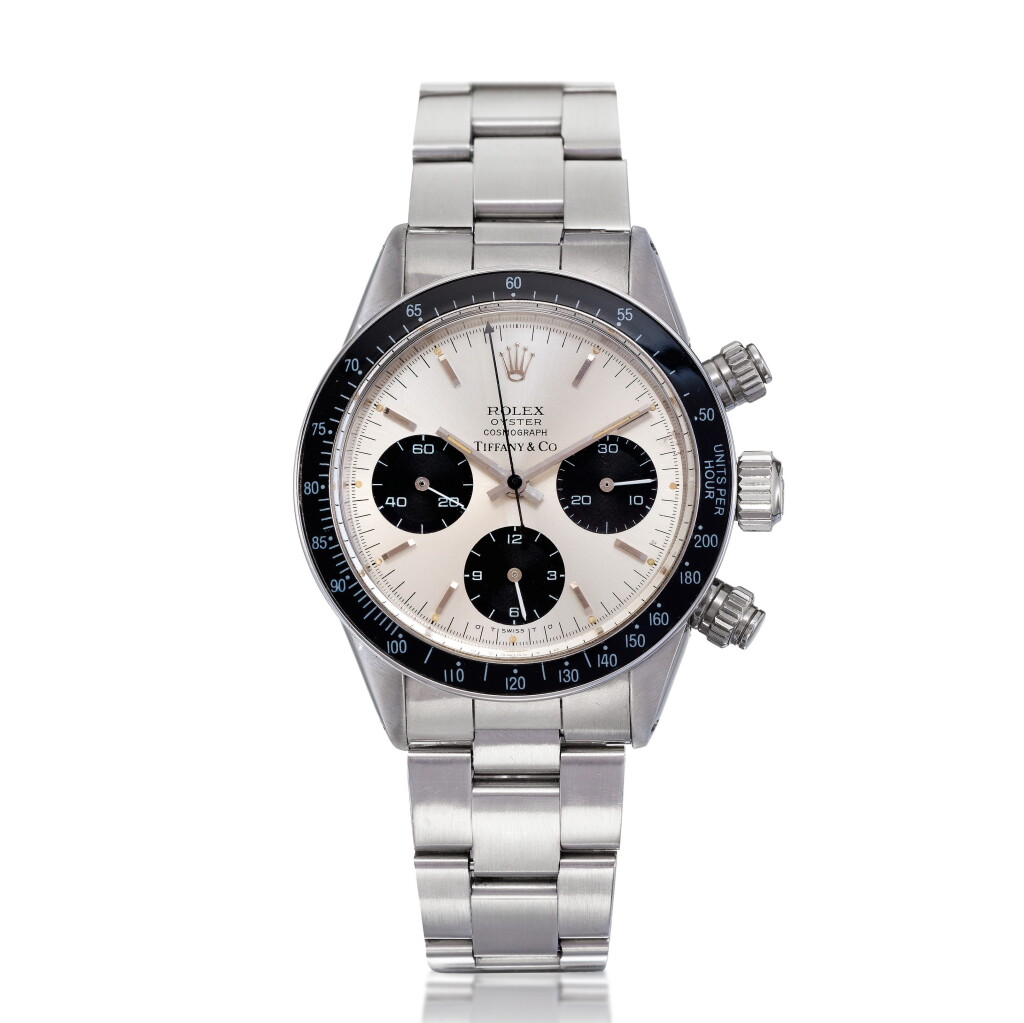 View full screen - View 1 of Lot 12. Reference 6240 'Sigma Dial' Daytona, A stainless steel chronograph wristwatch with bracelet, Circa 1965 勞力士 6240型號 'Sigma Dial' Daytona 精鋼計時鍊帶腕錶,約1965年製,零售商為蒂芙尼.