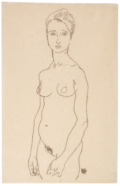 View full screen - View 1 of Lot 390. EGON SCHIELE | STEHENDES JUNGES MÄDCHEN VON VORNE GESEHEN, DREIVIERTEL-FIGUR (STANDING YOUNG GIRL IN THREE-QUARTER-LENGTH POSE, FRONT VIEW).