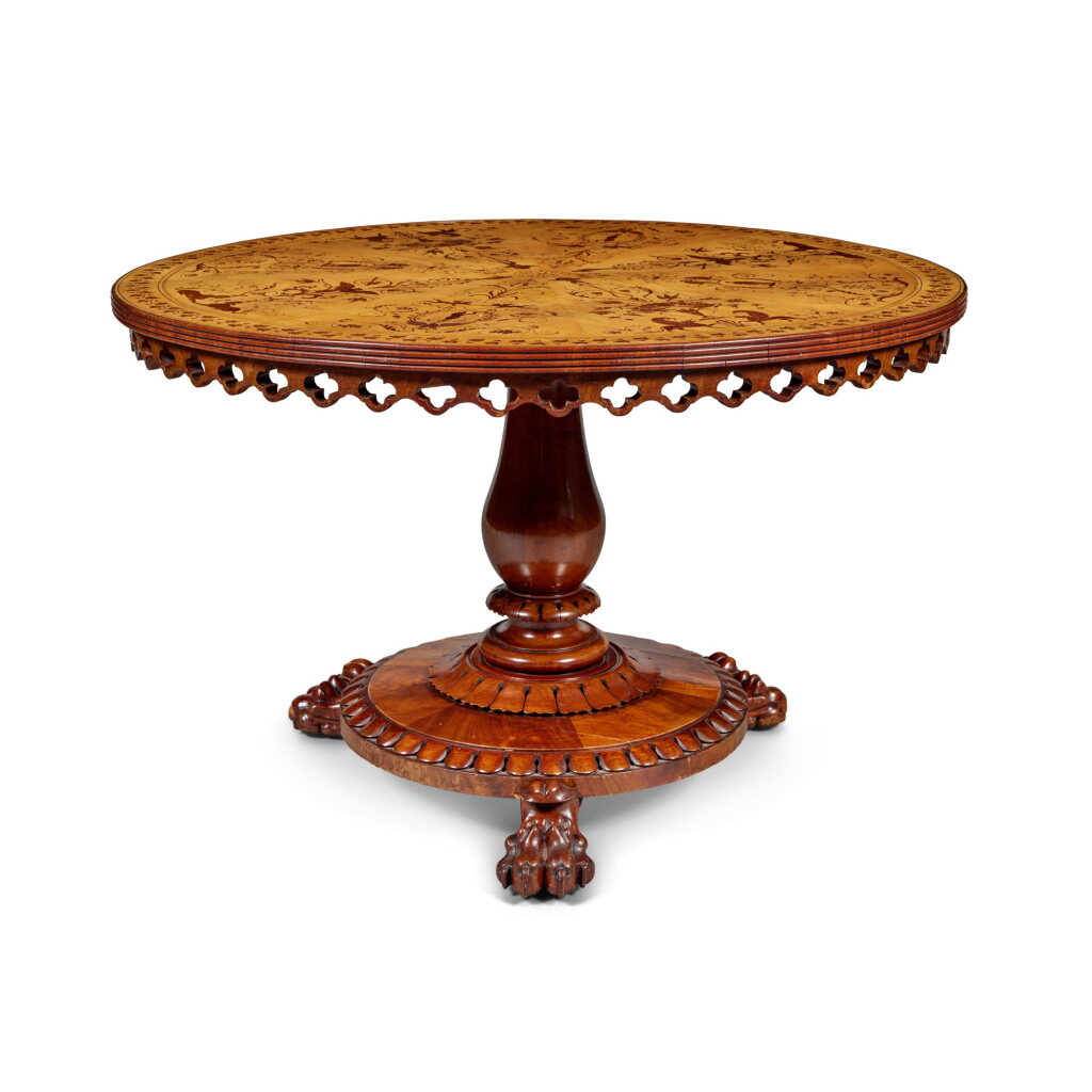 View full screen - View 1 of Lot 165. A Victorian Mahogany and Maple Circular Tilt-Top Table, Third Quarter 19th Century.