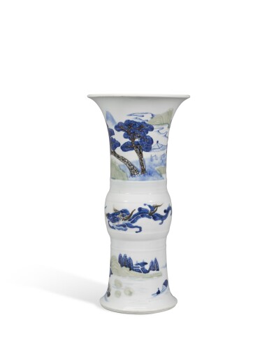 View full screen - View 1 of Lot 46. An underglaze-blue, copper-red and celadon-glazed beaker vase, gu, Qing dynasty, Kangxi period | 清康熙 釉裏三彩山水人物圖花觚.