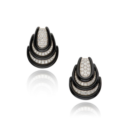 View full screen - View 1 of Lot 172. Pair of Enamel and Diamond Earclips.