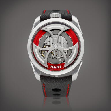 View full screen - View 1 of Lot 8929. M.A.D.1 RED | A brand new stainless steel semi-skeletonised wristwatch with lateral time display and triple-blade winding rotor, Made in collaboration with MB&F, Circa 2022 | M.A.D.1 RED | 全新精鋼半鏤空腕錶,備橫向時間顯示及三葉擺陀,與 MB&F 合製,約2022年製.