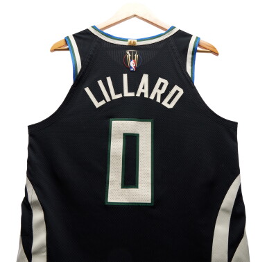 View full screen - View 1 of Lot 17. Damian Lillard Milwaukee Bucks 2024-2025 Emirates NBA Cup Semifinals Game Worn Statement Edition Jersey.