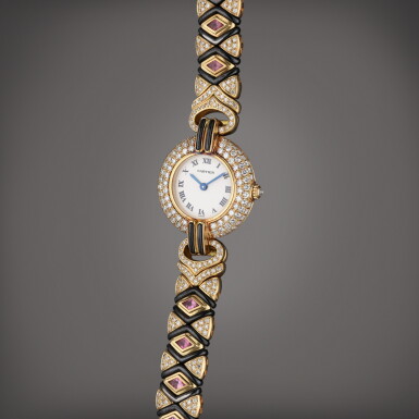View full screen - View 1 of Lot 96. Reference 2929 Vendôme | A yellow gold and diamond, amethyst, and hematite-set bracelet watch, Circa 2000.