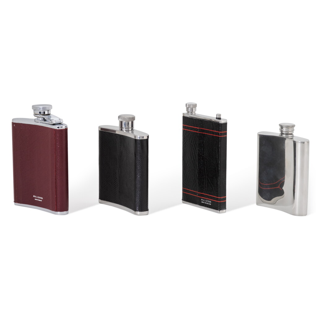 View full screen - View 1 of Lot 1822. Four hip flasks, two boxed.