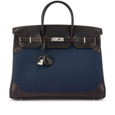View full screen - View 1 of Lot 1615. Limited Edition Black Evercalf and Denim Ghillies Birkin 40 Brushed Palladium Hardware, 2013.