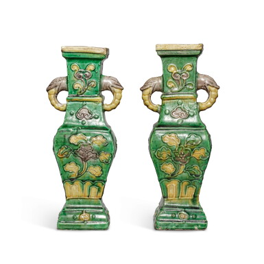 View full screen - View 1 of Lot 599. A pair of famille-verte biscuit square-section baluster vases, Qing dynasty, early Kangxi period | 清康熙初 素三彩花卉紋獸耳方瓶一對.