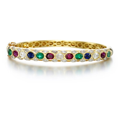 View full screen - View 1 of Lot 287. Ruby, emerald, sapphire and diamond bracelet, 1980.