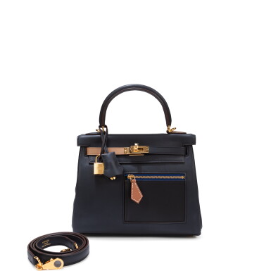 View full screen - View 1 of Lot 677. Limited Edition Bleu Marine, Black, Chai, Gold and Etoupe Swift Colourmatic Kelly 25 Retourné Palladium Hardware, 2022.