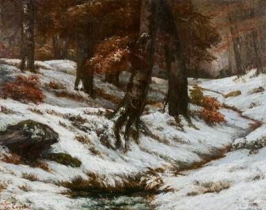 View full screen - View 1 of Lot 11. GUSTAVE COURBET | Paysage de neige avec arbres et rochers.