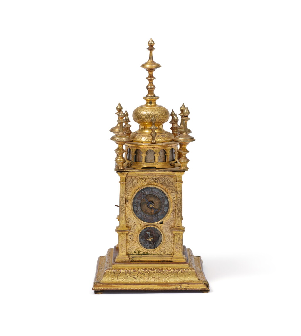 View full screen - View 1 of Lot 52. A South German Renaissance gilt copper tower table clock, probably Augsburg, mid-17th century | Renaissance-Türmchenuhr aus vergoldetem Kupfer, Süddeutschland, wohl Augsburg, Mitte 17. Jh..