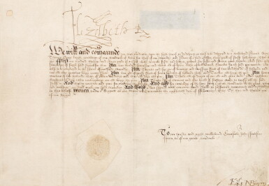 View full screen - View 1 of Lot 1219. Elizabeth I, Queen of England | Document signed ("Elizabeth R"), addressed to Sir John Fortescue, Master of the Wardrobe,.