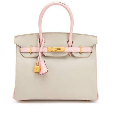 View full screen - View 1 of Lot 9. Rose Sakura and Gris Perle Chèvre Verso HSS Birkin 30 Brushed Gold Hardware, 2016.