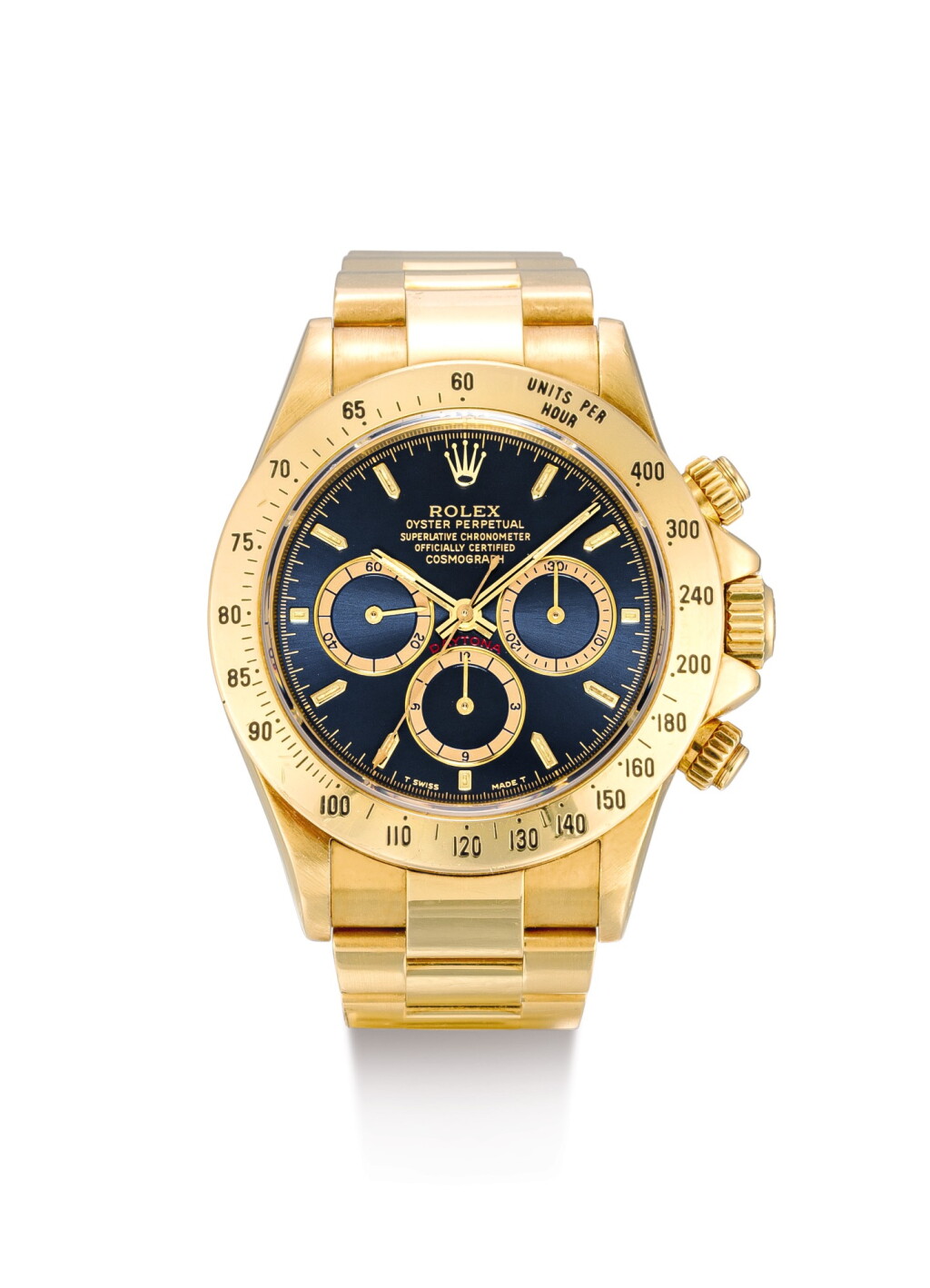 View full screen - View 1 of Lot 2140. ROLEX | COSMOGRAPH DAYTONA 'THE BIG BLUE', REFERENCE 16528, A YELLOW GOLD CHRONOGRAPH WRISTWATCH WITH BLUE DIAL AND BRACELET, CIRCA 1991 | 勞力士 | "Cosmograph Daytona “The Big Blue” 型號16528 黃金計時鏈帶腕錶,備藍色錶盤,錶殼編號N194819,約1991年製".